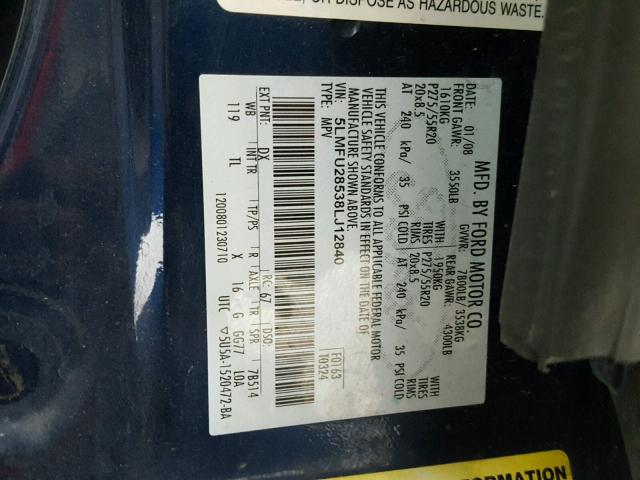 5LMFU28538LJ12840 - 2008 LINCOLN NAVIGATOR 蓝色 照片 10