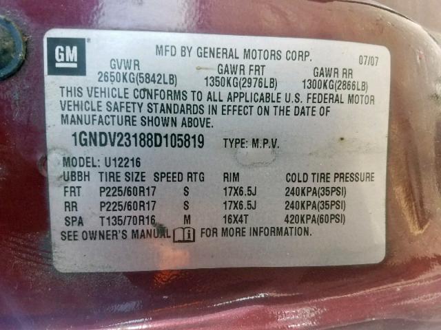 1GNDV23188D105819 - 2008 CHEVROLET UPLANDER L RED photo 10