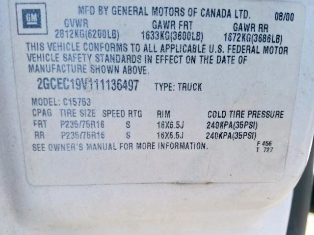 2GCEC19V111136497 - 2001 CHEVROLET SILVERADO WHITE photo 10