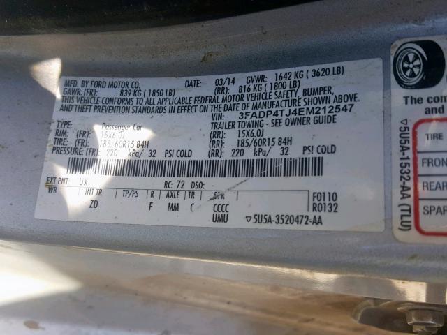 3FADP4TJ4EM212547 - 2014 FORD FIESTA S SILVER photo 10