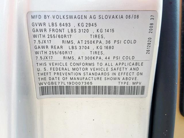 WVGBE77L19D007365 - 2009 VOLKSWAGEN TOUAREG 2 SILVER photo 10