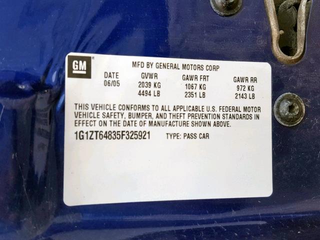 1G1ZT64835F325921 - 2005 CHEVROLET MALIBU MAX 蓝色 照片 10