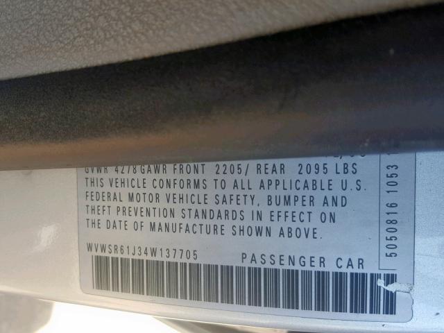 WVWSR61J34W137705 - 2004 VOLKSWAGEN JETTA GLS SILVER photo 10