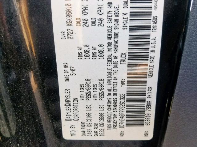 1D7HE48P77S261322 - 2007 DODGE DAKOTA QUA BLACK photo 10