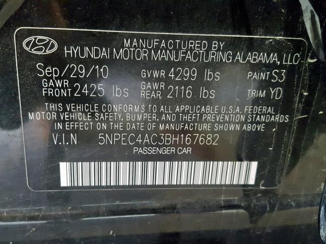 5NPEC4AC3BH167682 - 2011 HYUNDAI SONATA SE BLACK photo 10