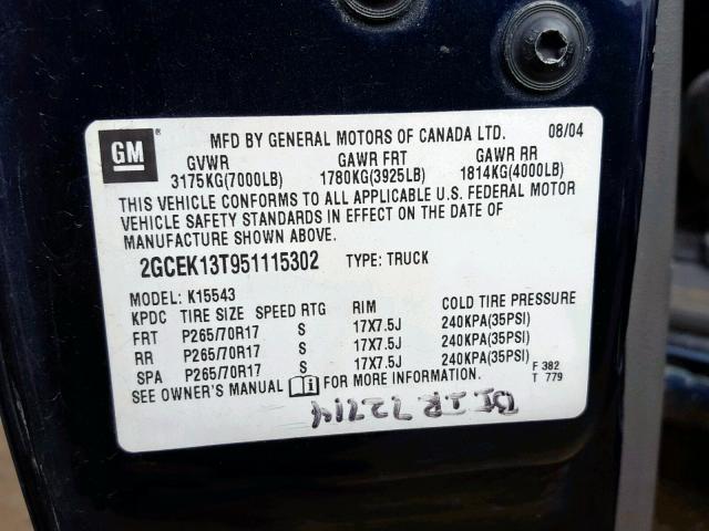 2GCEK13T951115302 - 2005 CHEVROLET SILVERADO BLUE photo 10