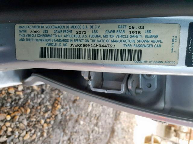 3VWRK69M14M044793 - 2004 VOLKSWAGEN JETTA GL SILVER photo 10