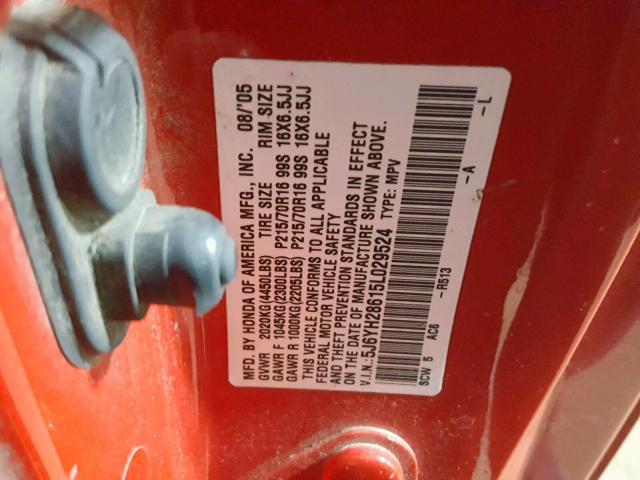 5J6YH28615L029524 - 2005 HONDA ELEMENT EX RED photo 10