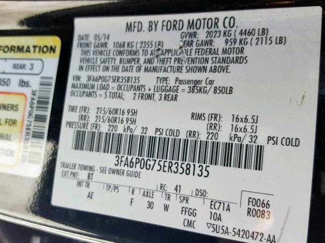 3FA6P0G75ER358135 - 2014 FORD FUSION S BLACK photo 10