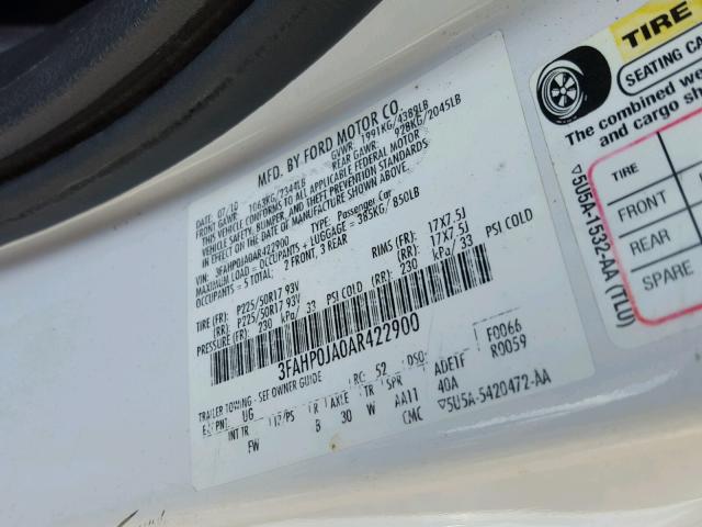 3FAHP0JA0AR422900 - 2010 FORD FUSION SEL WHITE photo 10