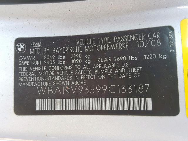 WBANV93599C133187 - 2009 BMW 535 XI SILVER photo 10