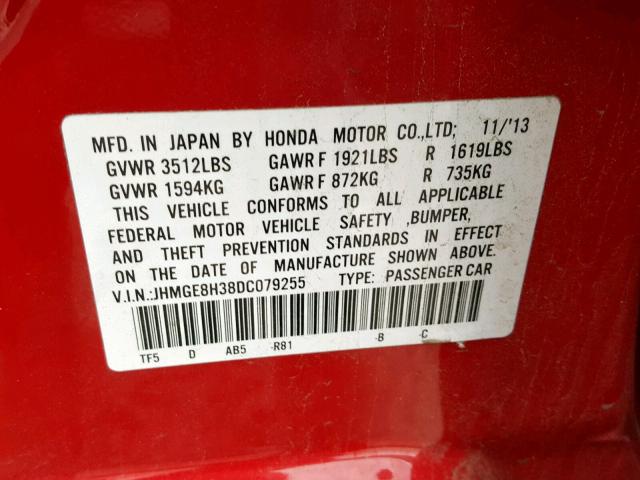 JHMGE8H38DC079255 - 2013 HONDA FIT RED photo 10