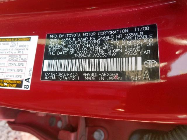 JTNBB46K593052959 - 2009 TOYOTA CAMRY HYBR RED photo 10