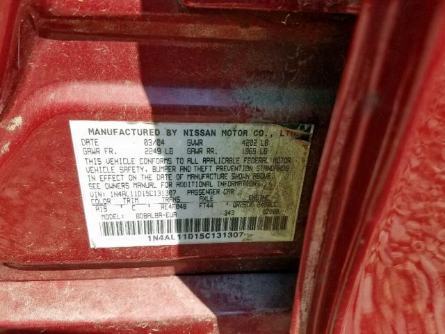 1N4AL11D15C131307 - 2005 NISSAN ALTIMA S RED photo 10