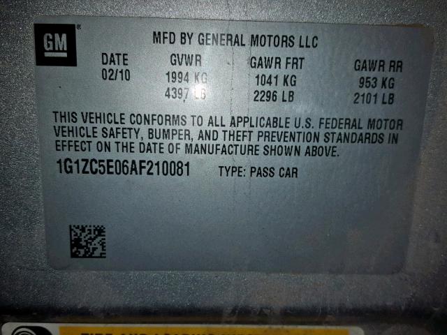 1G1ZC5E06AF210081 - 2010 CHEVROLET MALIBU 1LT SILVER photo 10