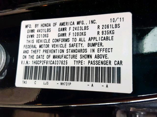 1HGCP2F81CA037625 - 2012 HONDA ACCORD EXL BLACK photo 10