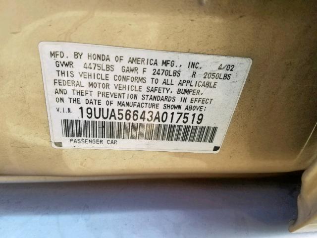 19UUA56643A017519 - 2003 ACURA 3.2TL GOLD photo 10