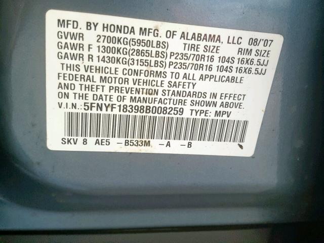 5FNYF18398B008259 - 2008 HONDA PILOT SE BLUE photo 10