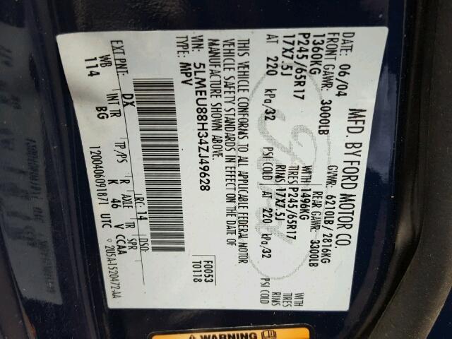 5LMEU88H34ZJ49628 - 2004 LINCOLN AVIATOR 蓝色 照片 10