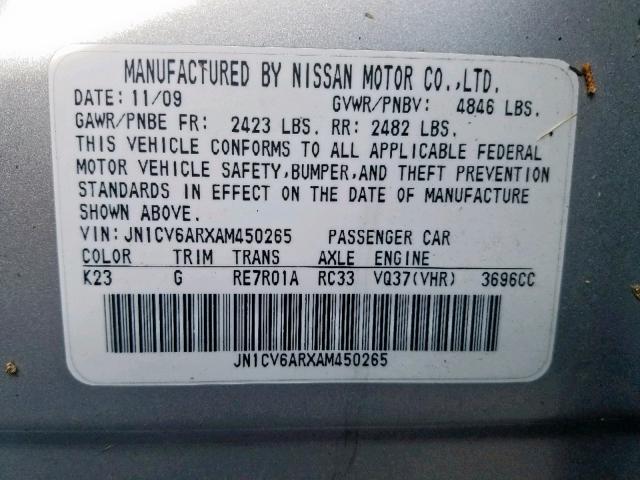 JN1CV6ARXAM450265 - 2010 INFINITI G37 SILVER photo 10