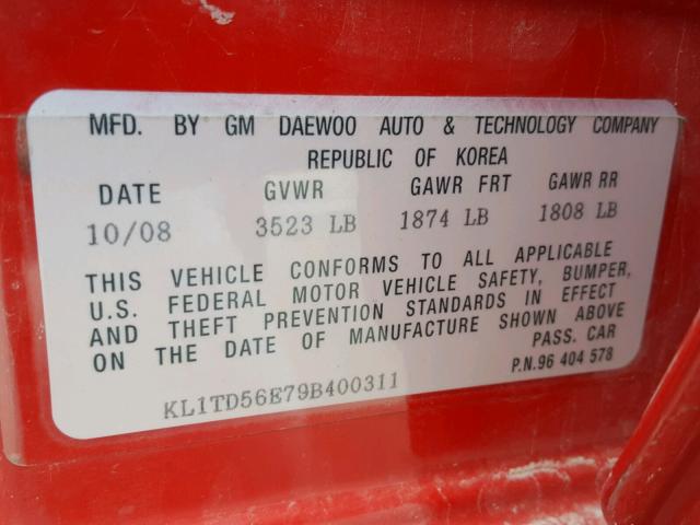 KL1TD56E79B400311 - 2009 CHEVROLET AVEO LS RED photo 10