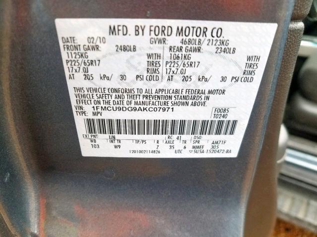 1FMCU9DG9AKC07971 - 2010 FORD ESCAPE XLT BLUE photo 10