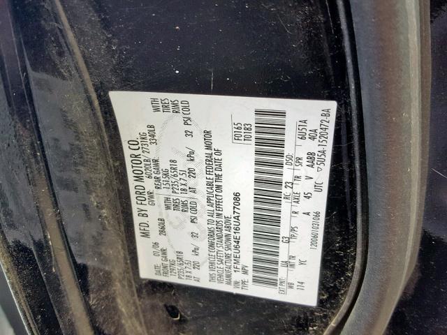 1FMEU64E16UA77086 - 2006 FORD EXPLORER E BLACK photo 10