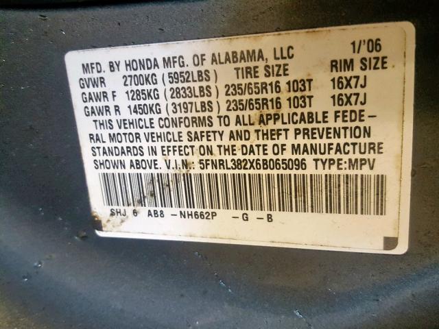 5FNRL382X6B065096 - 2006 HONDA ODYSSEY LX GRAY photo 10