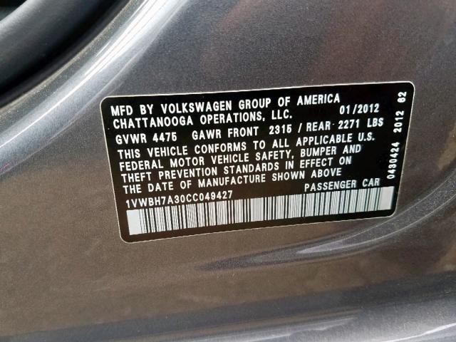 1VWBH7A30CC049427 - 2012 VOLKSWAGEN PASSAT SE GRAY photo 10