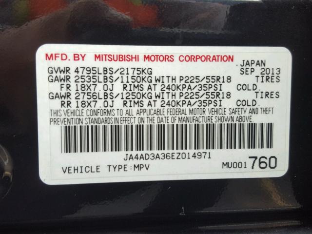 JA4AD3A36EZ014971 - 2014 MITSUBISHI OUTLANDER BLACK photo 10