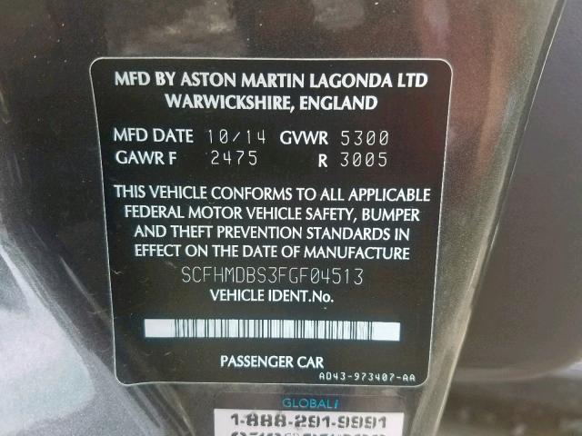 SCFHMDBS3FGF04513 - 2015 ASTON MARTIN RAPIDE S GRAY photo 10