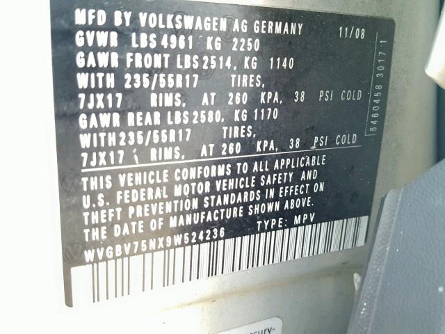 WVGBV75NX9W524236 - 2009 VOLKSWAGEN TIGUAN SE SILVER photo 10