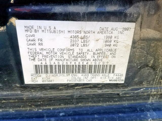 4A3AB26F88E019297 - 2008 MITSUBISHI GALANT DE BLACK photo 10