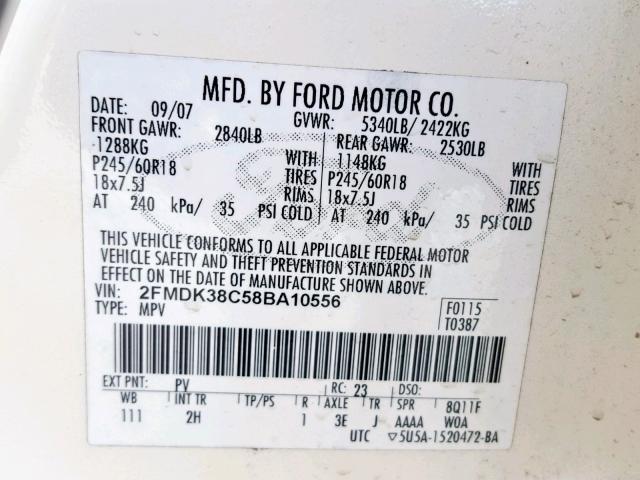 2FMDK38C58BA10556 - 2008 FORD EDGE SEL WHITE photo 10