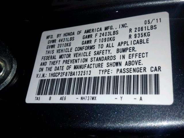 1HGCP2F87BA132513 - 2011 HONDA ACCORD EXL GRAY photo 10