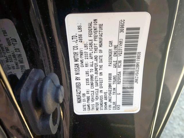 JNKCV64E28M119808 - 2008 INFINITI G37 BASE BLACK photo 10