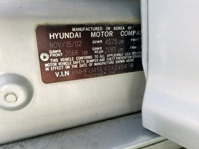 KMHFU45E93A245478 - 2003 HYUNDAI XG 350 SILVER photo 10