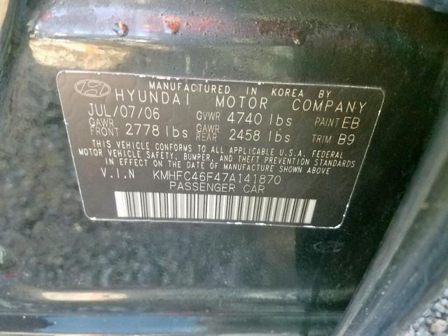 KMHFC46F47A141870 - 2007 HYUNDAI AZERA SE BLACK photo 10