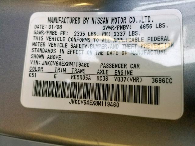 JNKCV64EX8M119460 - 2008 INFINITI G37 BASE SILVER photo 10