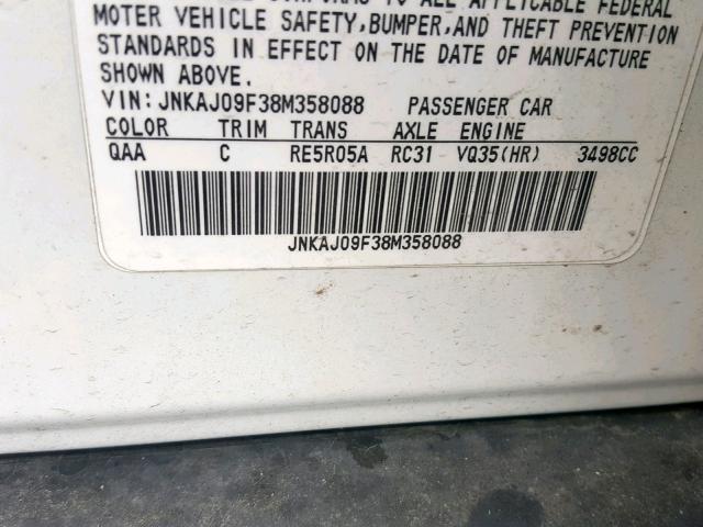 JNKAJ09F38M358088 - 2008 INFINITI EX35 BASE WHITE photo 10