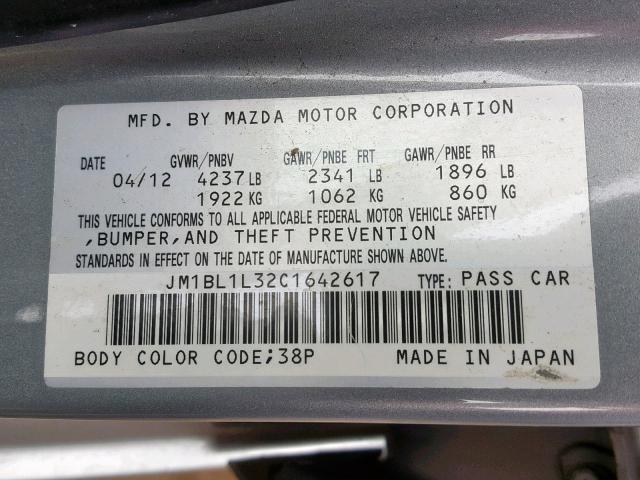 JM1BL1L32C1642617 - 2012 MAZDA SPEED 3 GRAY photo 10