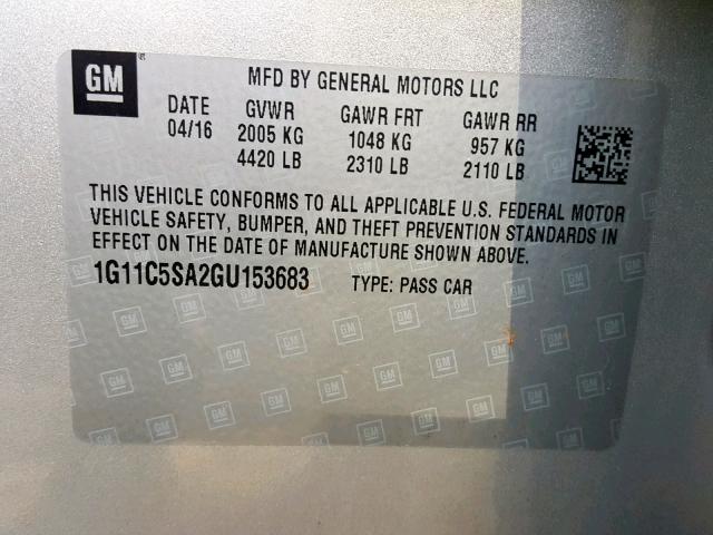 1G11C5SA2GU153683 - 2016 CHEVROLET MALIBU LIM SILVER photo 10