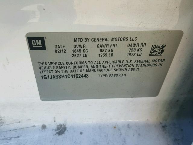 1G1JA6SH1C4162443 - 2012 CHEVROLET SONIC LS WHITE photo 10