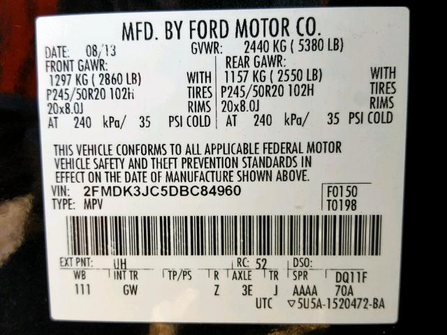 2FMDK3JC5DBC84960 - 2013 FORD EDGE SEL BLACK photo 10