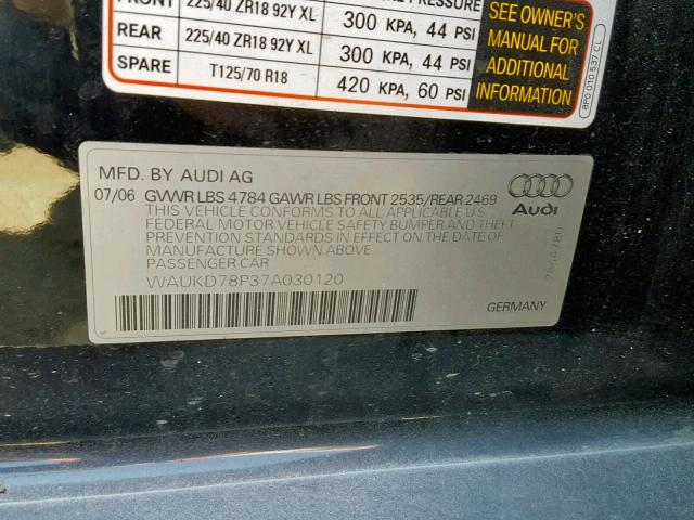 WAUKD78P37A030120 - 2007 AUDI A3 S-LINE BLACK photo 10