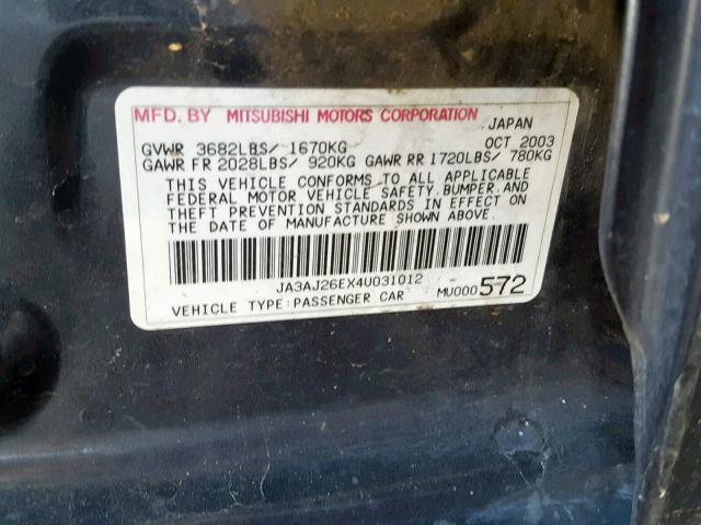 JA3AJ26EX4U031012 - 2004 MITSUBISHI LANCER ES BLACK photo 10