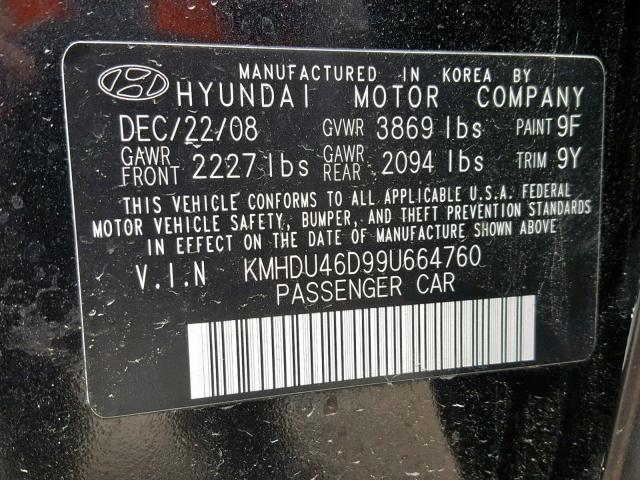 KMHDU46D99U664760 - 2009 HYUNDAI ELANTRA GL BLACK photo 10