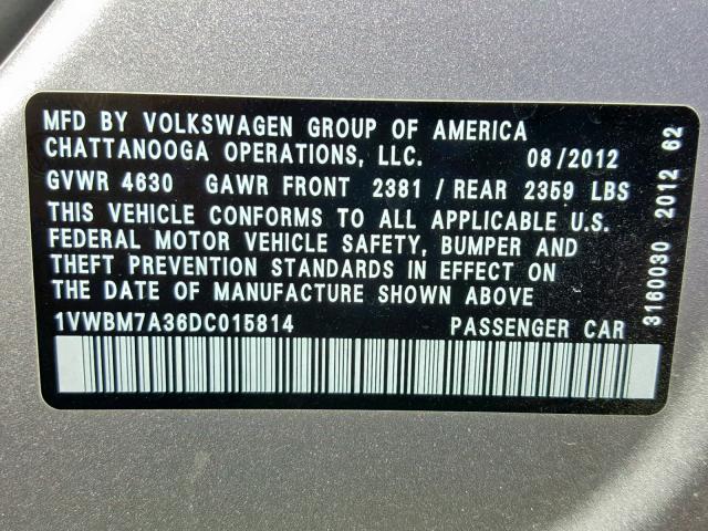 1VWBM7A36DC015814 - 2013 VOLKSWAGEN PASSAT SE SILVER photo 10