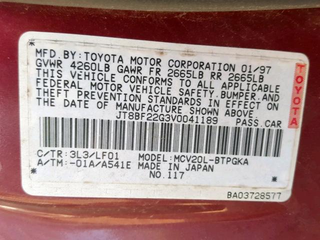 JT8BF22G3V0041189 - 1997 LEXUS ES 300 RED photo 10