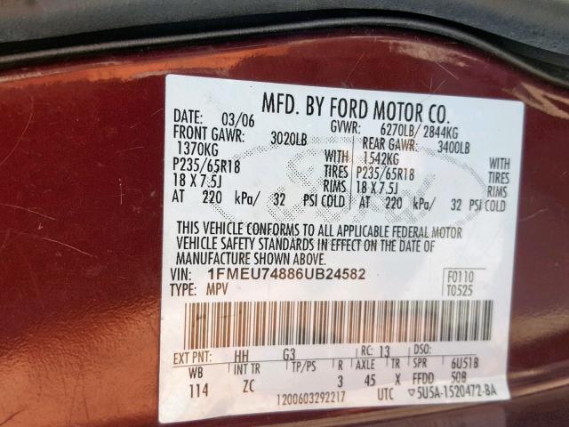 1FMEU74886UB24582 - 2006 FORD EXPLORER E MAROON photo 10